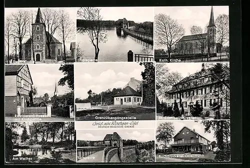 AK Roetgen /Eifel, Buchdruckerei Offermann, Grenzübergangsstelle und Talsperre