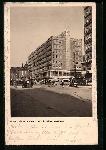 AK Berlin, Alexanderplatz mit Berolina-Hochhaus und Strassenbahn