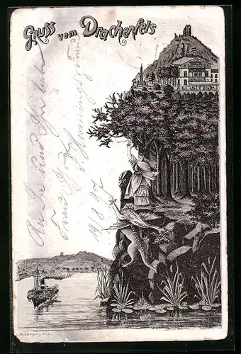 Lithographie Drachenfels, Gasthaus mit Drachen