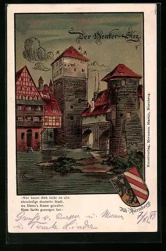 Künstler-AK Alt-Nürnberg, Der Denker-Steg, Wappen