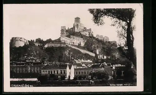 AK Trencin, Blick zur Burg mit Baum