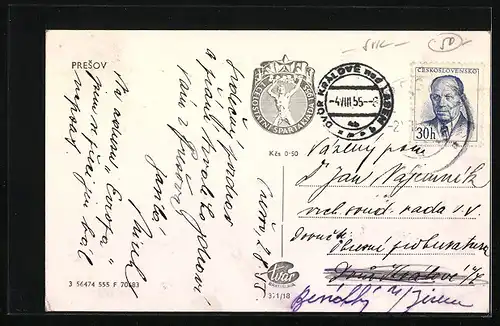 AK Presov, Strassenpartie mit Kirche und Denkmal