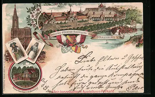Vorläufer-Lithographie Strassburg i. E., Industrie- und Gewerbe-Ausstellung 1895, Festgelände, Elsässer Bauernhaus