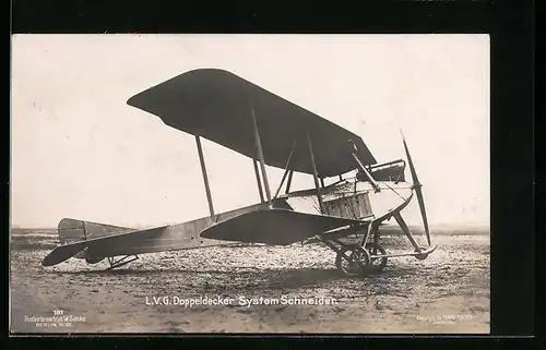 Foto-AK Sanke Nr. 187: LVG Doppeldecker System Schneider am Boden