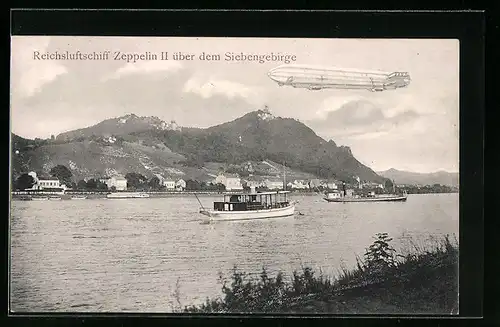 AK Reichsluftschiff Zeppelin II über dem Siebengebirge, mit Rhein und Rheindampfern