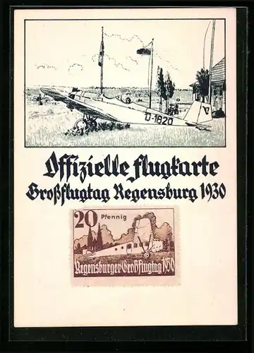 Künstler-AK Regensburg, Offizielle Flugkarte Grossflugtag 1930, Flugzeug vor dem Rollfeld