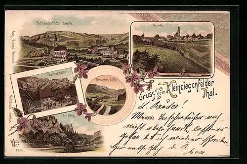 Lithographie Arnstein, Kleinziegenfelder Kapelle, Weihersmühle, Der Mönch