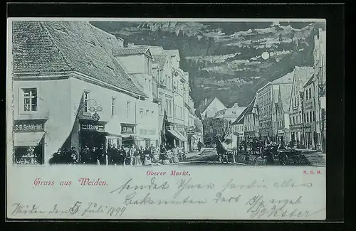Mondschein-AK Weiden, Oberer Markt mit Geschäften