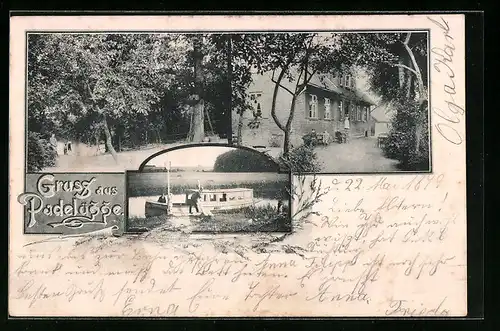 AK Lübeck, Gasthaus Padelügge, Uferpartie mit Boot, Ortspartie