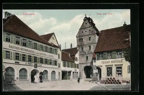 AK Ilshofen, Gasthof & Bierbrauerei zum goldenen Ochsen und Post mit Geschäft von Oscar Wernle und Tor