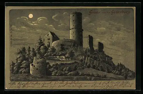 Mondschein-Lithographie Godesberg, Blick auf die Godesburg