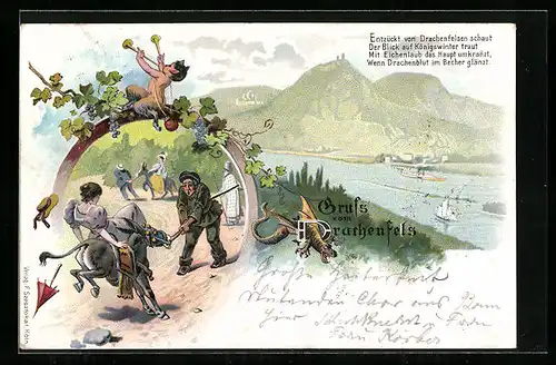 Lithographie Drachenfels, Flusspartie mit Königswinter und Booten