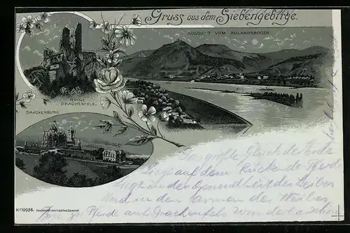 Mondschein-Lithographie Drachenfels /Siebengebirge, Drachenburg, Aussicht vom Rolandsbogen