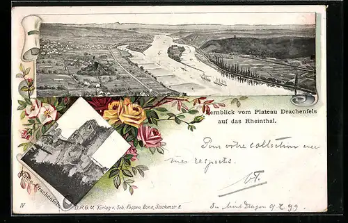 Lithographie Drachenfels, Blick auf das Rheinthal, Ruine Drachenfels