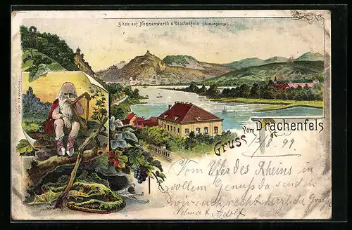 Lithographie Drachenfels /Siebengebirge, Blick auf Nonnenwerth u. Drachenfels