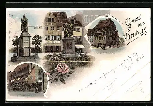 Lithographie Nürnberg, Bratwurstglöcklein, Albrecht Dürer-Haus, Denkmal