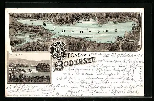 Vorläufer-Lithographie Ueberlingen /Bodensee, 1895, Landkarte mit Orten um den Bodensee