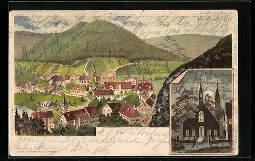 Lithographie Herrenalb, Ortsansicht aus der Vogelschau, Kirche