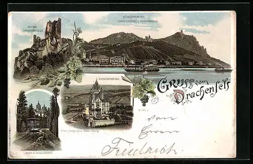 Lithographie Königswinter, Drachenburg, Ruine Drachenfels, Zahnradbahn