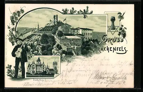 Lithographie Drachenfels, Hotel und Drachenburg
