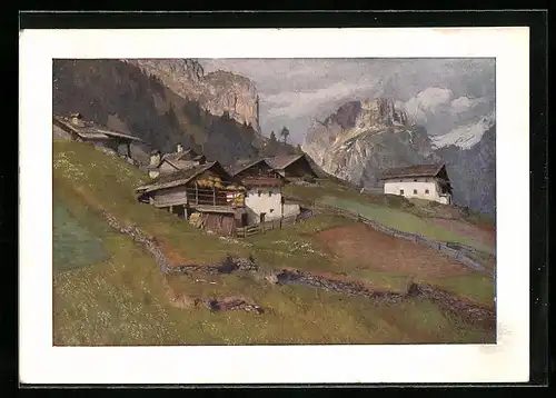 Künstler-AK St. Christina in Gröden, Ortsansicht gegen schroffe Gipfel