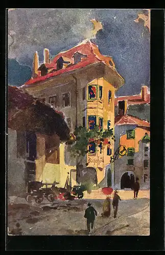 Künstler-AK Bozen, Ortsansicht mit Batzenhäusl