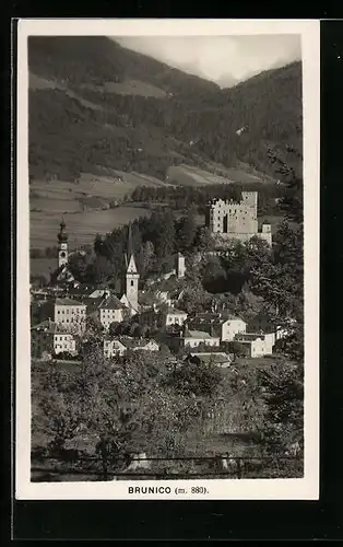 AK Brunico, Ortsansicht mit Kirchturm