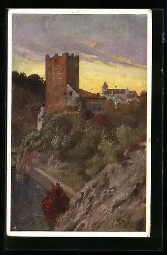 Künstler-AK Bozen, Uferpartie mit Schloss Ried