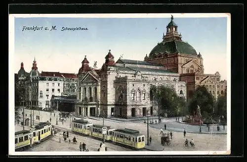 AK Frankfurt a. M., Schauspielhaus mit Strassenbahnen