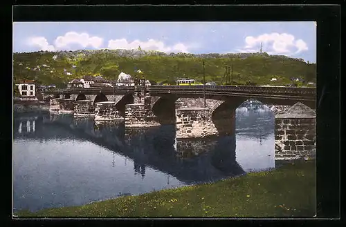 AK Trier, Strassenbahn auf der alten Römerbrücke