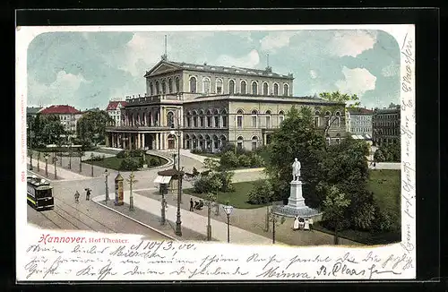 AK Hannover, Hof Theater mit Strassenbahn
