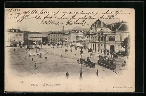 AK Nice, La Place Massena, Strassenbahnen