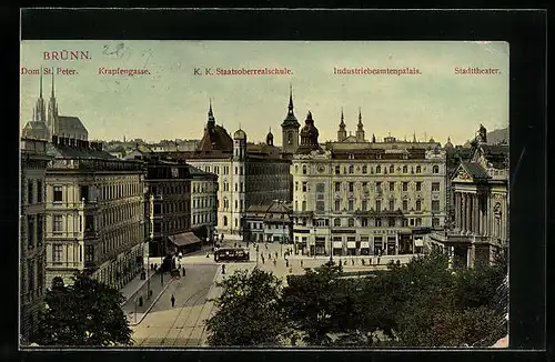 AK Brünn, Krapfengasse mit Strassenbahn, Dom St. Peter