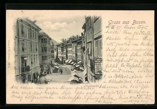 AK Bozen, Obstmarkt aus der Vogelschau