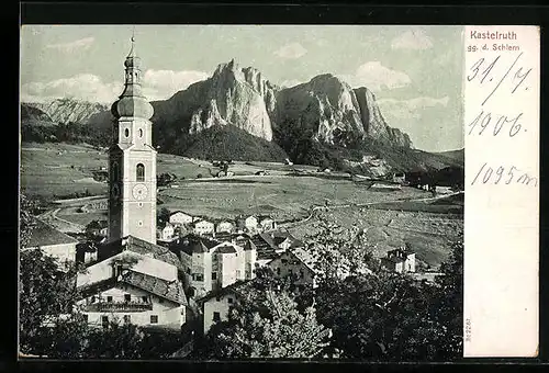 AK Kastelruth, Ortsansicht gegen den Schlern