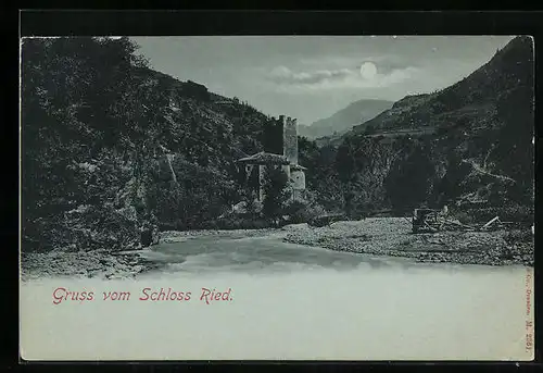 Mondschein-AK Bozen, Flusspartie mit Schloss Ried