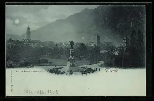 Mondschein-AK Trento, Dante-Platz mit Bergpanorama