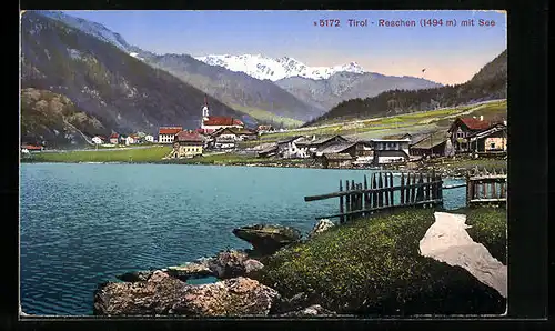 AK Reschen, Ortsansicht mit See