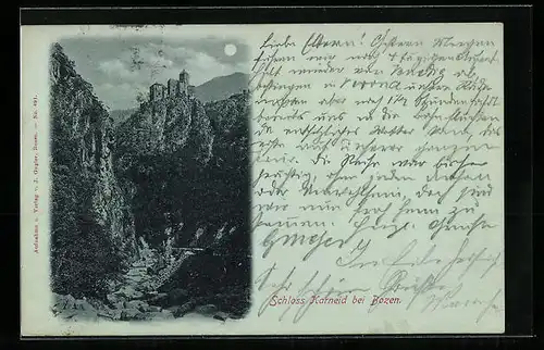 Mondschein-AK Bozen, Blick auf Schloss Karneid