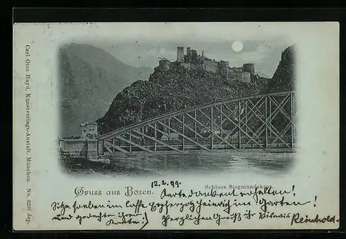 Mondschein-AK Bozen, Blick auf Schloss Siegmundskron