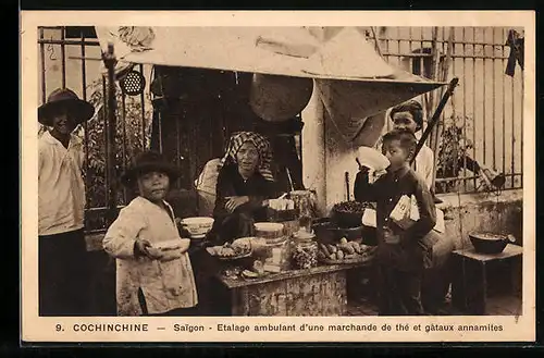 AK Saigon, Etalage ambulant d`une marchande de the et gateaux annamites, Wanderstand eines Teeverkäufers