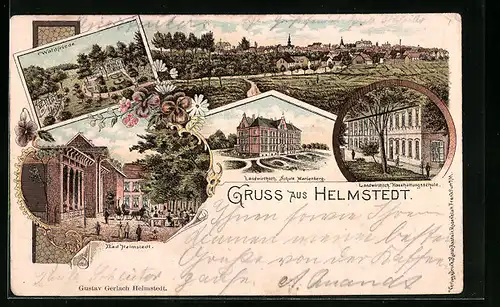 Lithographie Helmstedt, Hotel Waldfriede, Landwirtschaftl. Haushaltungsschule