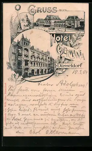 AK Düsseldorf, Hotel Germania und Bahnhof