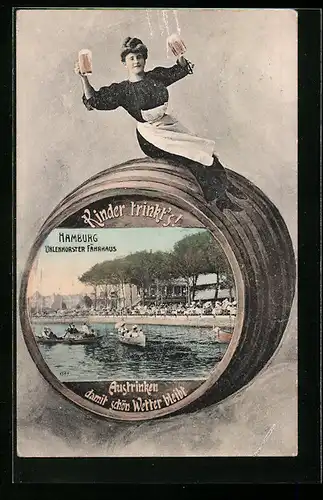AK Hamburg, Uhlenhorster Fährhaus, Dame auf dem Fass