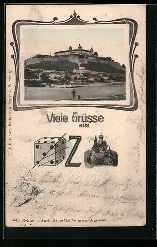 AK Würzburg, Ortsansicht, Rebus, Wür + Z + Burg