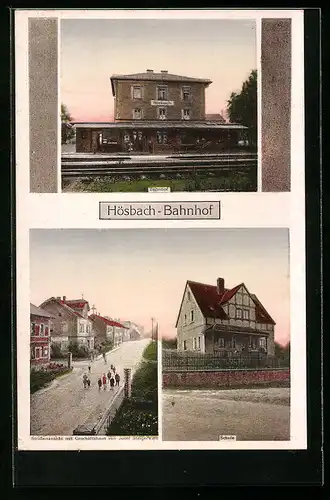 AK Hösbach, Strassenpartie mit Geschäftshaus von Josef Steigerwald, Bahnhof, Schule