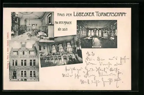 AK Lübeck, Haus der Lübecker Turnerschaft, Strasse an der Mauer 55 A, Innenansichten Gastzimmer und Saal