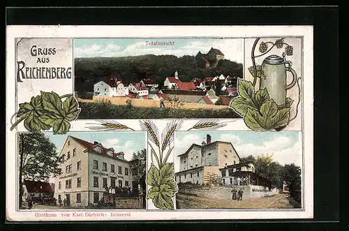 AK Reichenberg, Gasthaus und Brauerei von Karl Dietrich, Wirtschaftsgarten, Totalansicht