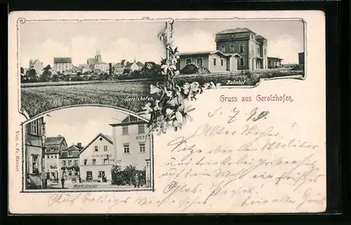 AK Gerolzhofen, Marktstrasse mit Hotel und Geschäft, Bahnhof