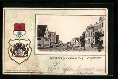 Passepartout-Lithographie Schwabmünchen, Hauptstrasse mit Passanten, Wappen